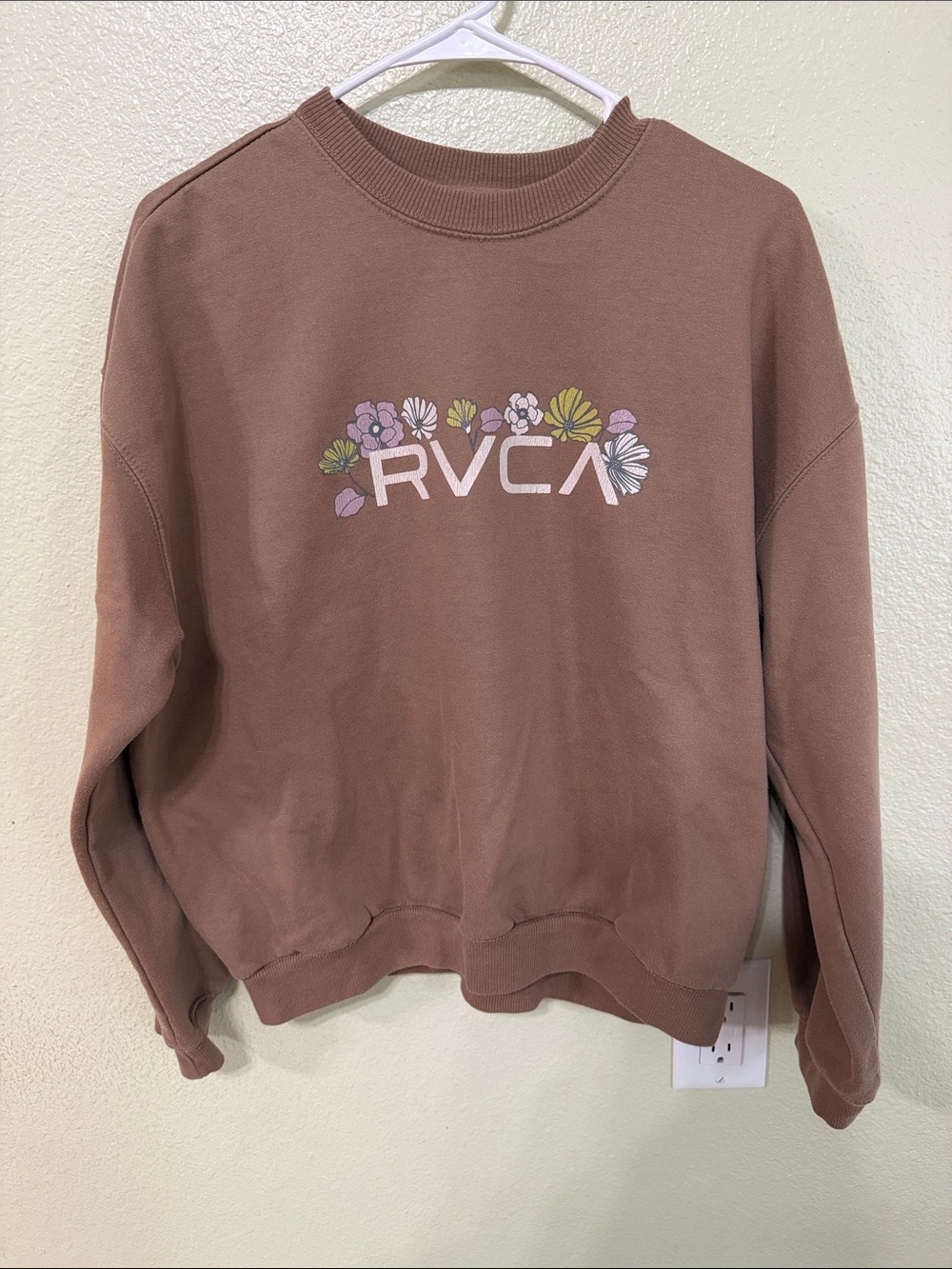 RVCA Brown Crewneck Sweatshirt with Pastel Floral Logo